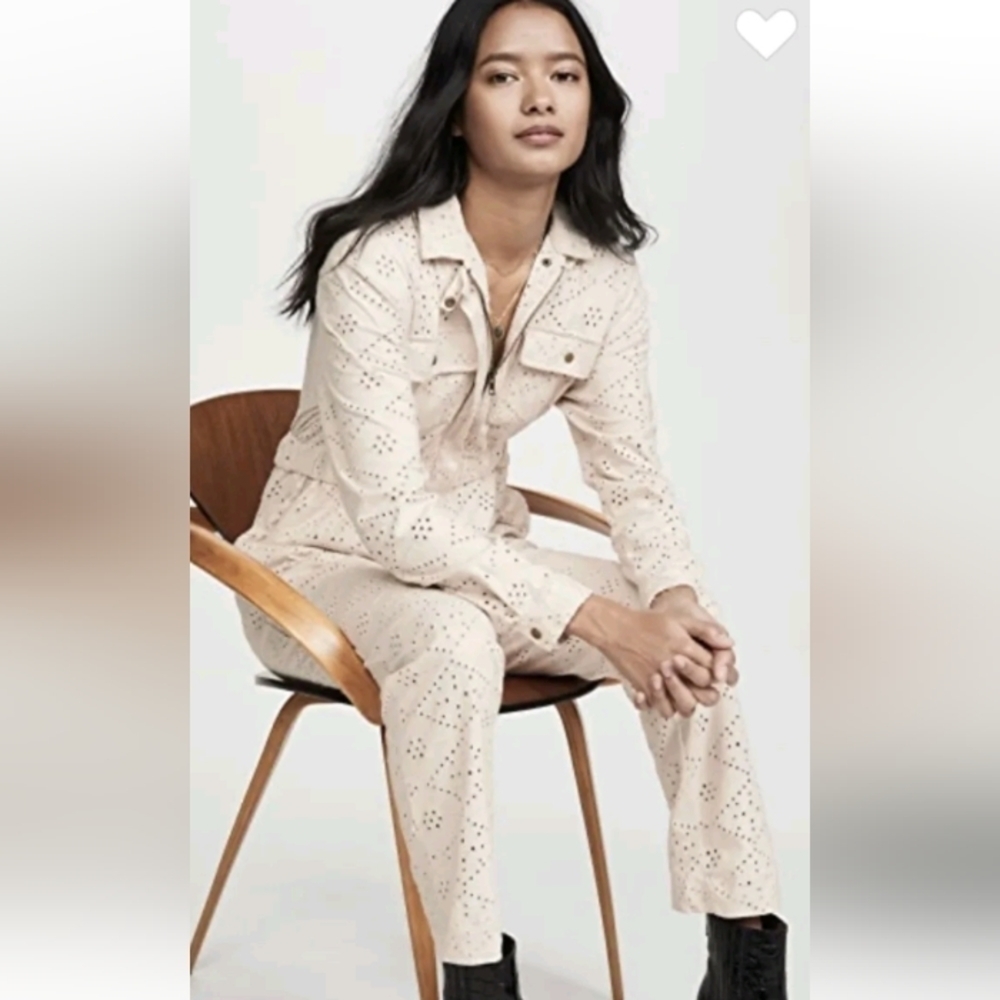 Free People Jumpsuit Set The Tone Utility Ivory Eyelet Lace  Elastic sz 10
